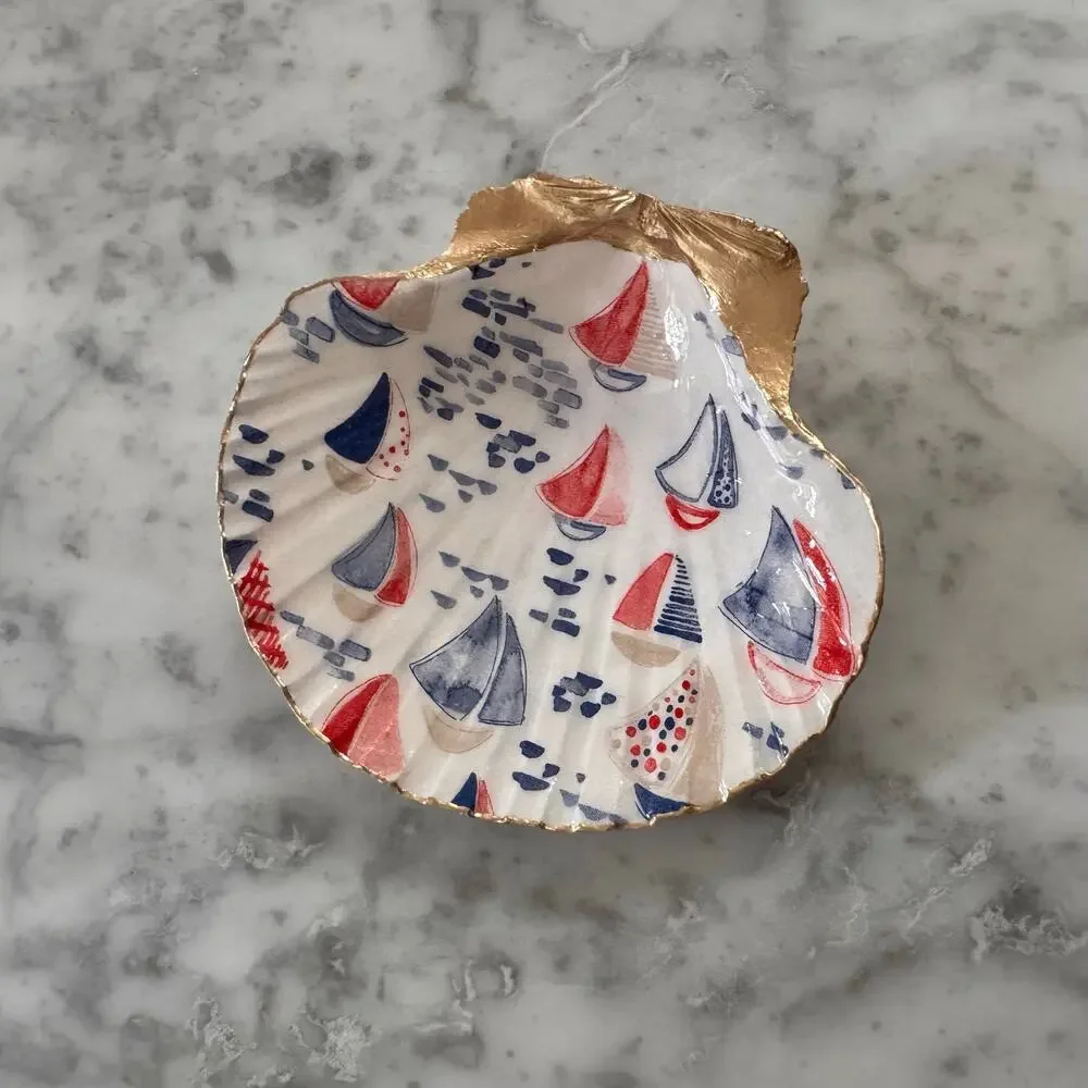 Sailboat Shell Trinket Dish, Nautical Ring Holder, Beach Decor